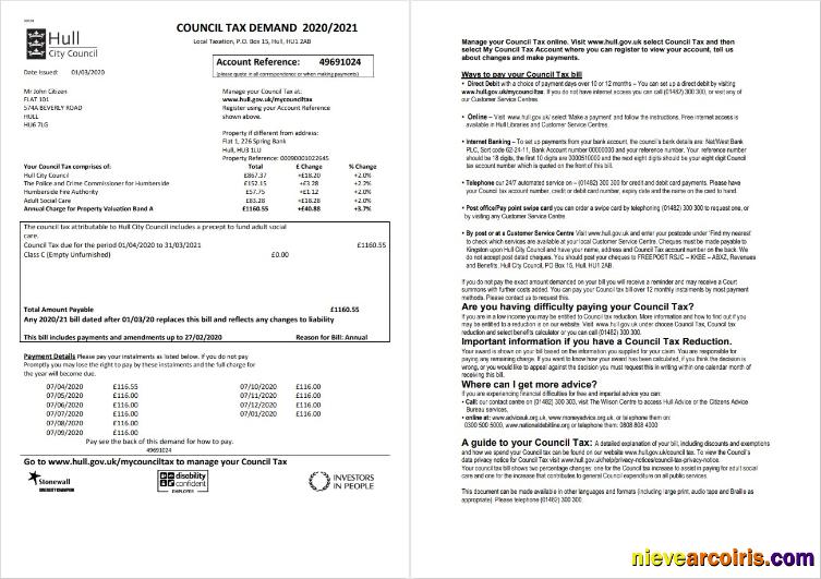 United Kingdom Hull City Council utility bill 2 pages